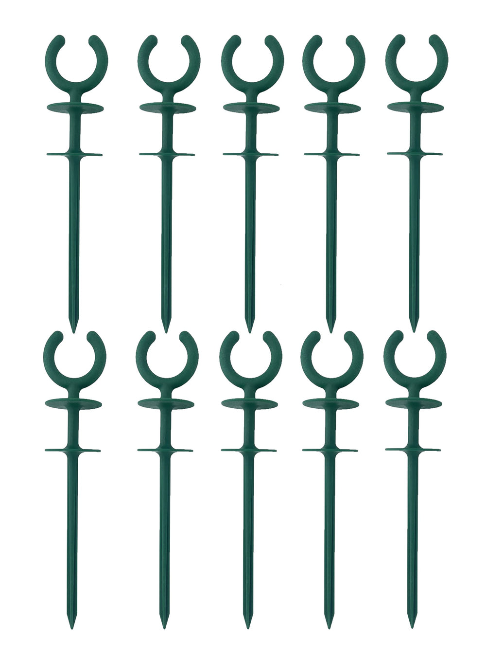10 pack of green garden hose guide stakes front view