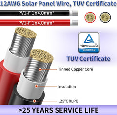 30ft black 12AWG solar wire close-up showing tinned copper core