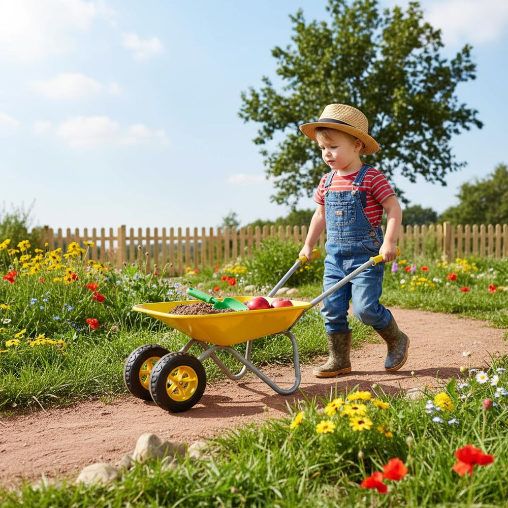 3T GROUP Kids Gardening Tool Set Wheelbarrow front view in yellow