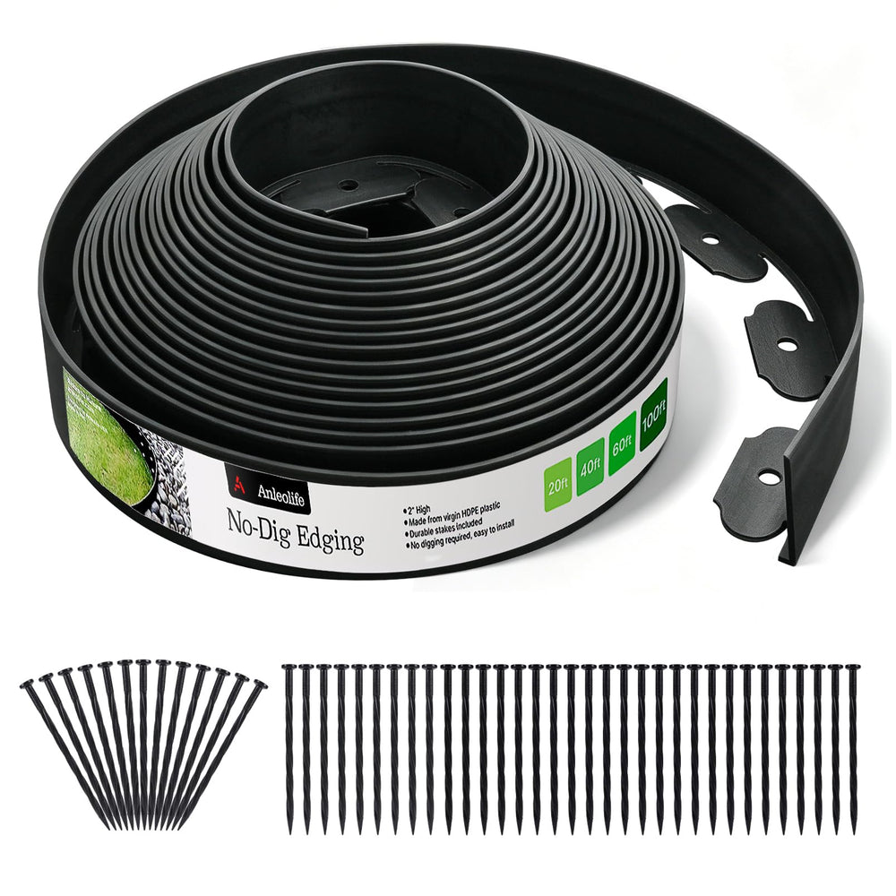 A ANLEOLIFE 40FT No-Dig Garden Landscape Edging with 48 Spikes in black