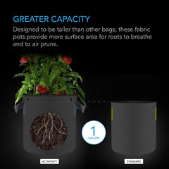 AC Infinity 1 Gallon grow bags displayed in a garden setting