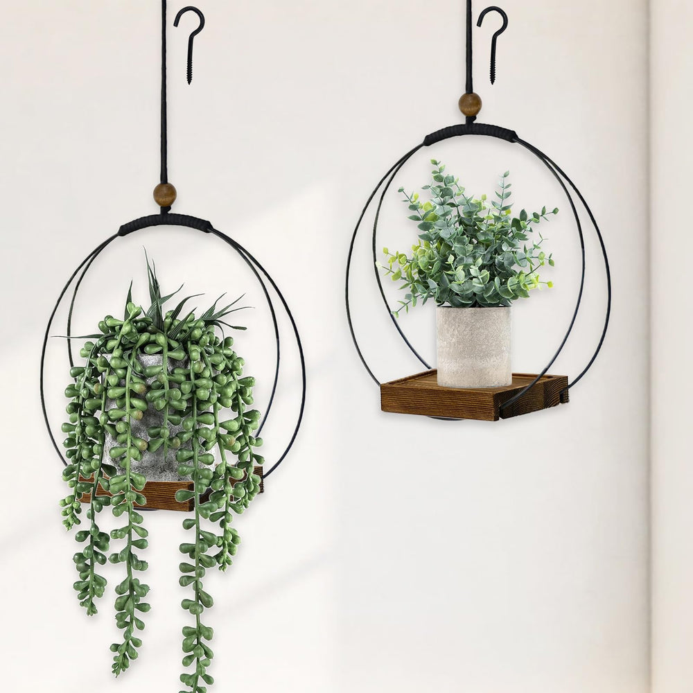 Adnkwolivt Hanging Planters black metal and walnut wood base front view