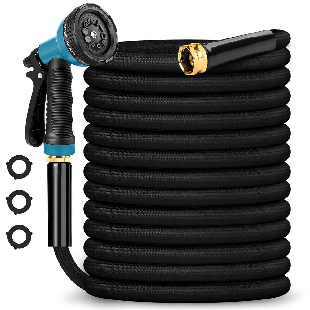 Advinski 100FT Garden Hose in black with blue nozzle, front view