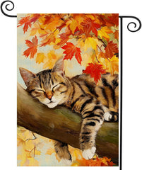 AIBOLYNE Fall Garden Flag 12x18 inch featuring colourful maple leaves and a cat