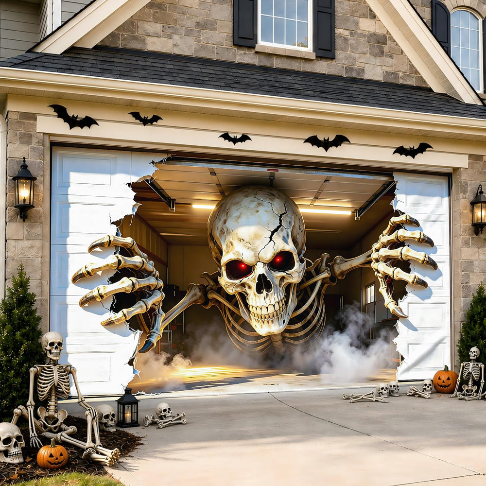 Allotall Halloween Garage Door Cover 16x7 FT front view with 3D skull design