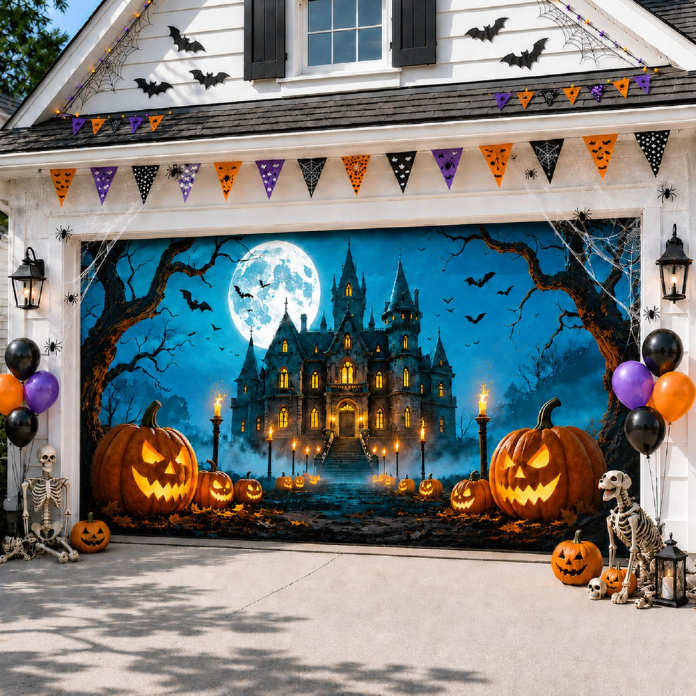 Allotall Halloween Garage Door Cover 16x7 FT with spooky castle design