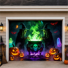 Allotall Halloween Garage Door Cover 8x7 FT featuring witch and pumpkin design