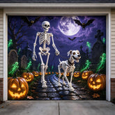 Allotall Halloween Garage Door Cover featuring skeleton walking dog and pumpkin graveyard