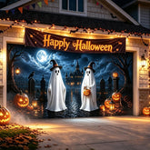 Allotall Halloween Garage Door Cover front view featuring ghost designs
