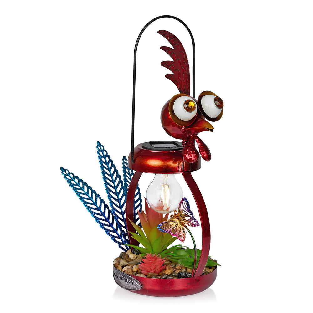 Alpine Corporation Solar-Powered Metal Rooster front view with LED lights