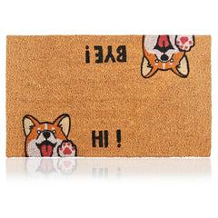 AMARU DOOR MATS Coir Welcome Mat front view with Hi-Bye Dog design