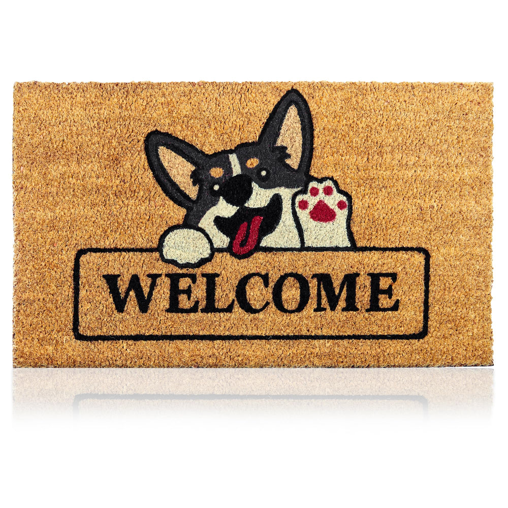AMARU DOOR MATS Coir Welcome Mat front view with Welcome Dog design