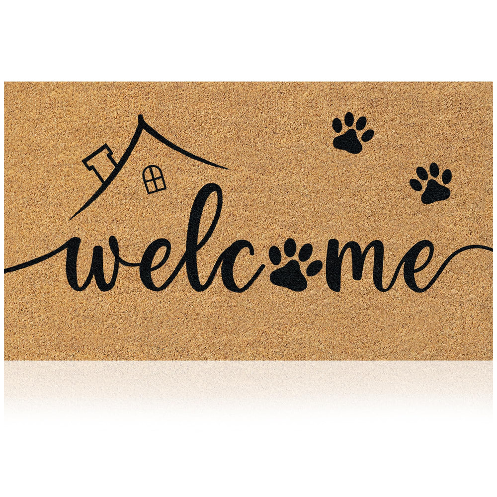 AMARU DOOR MATS Coir Welcome Mat front view with Welcome Paws design