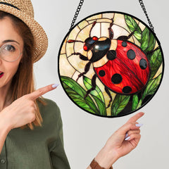 AMDERVEN Red Ladybug Suncatcher hanging in a window