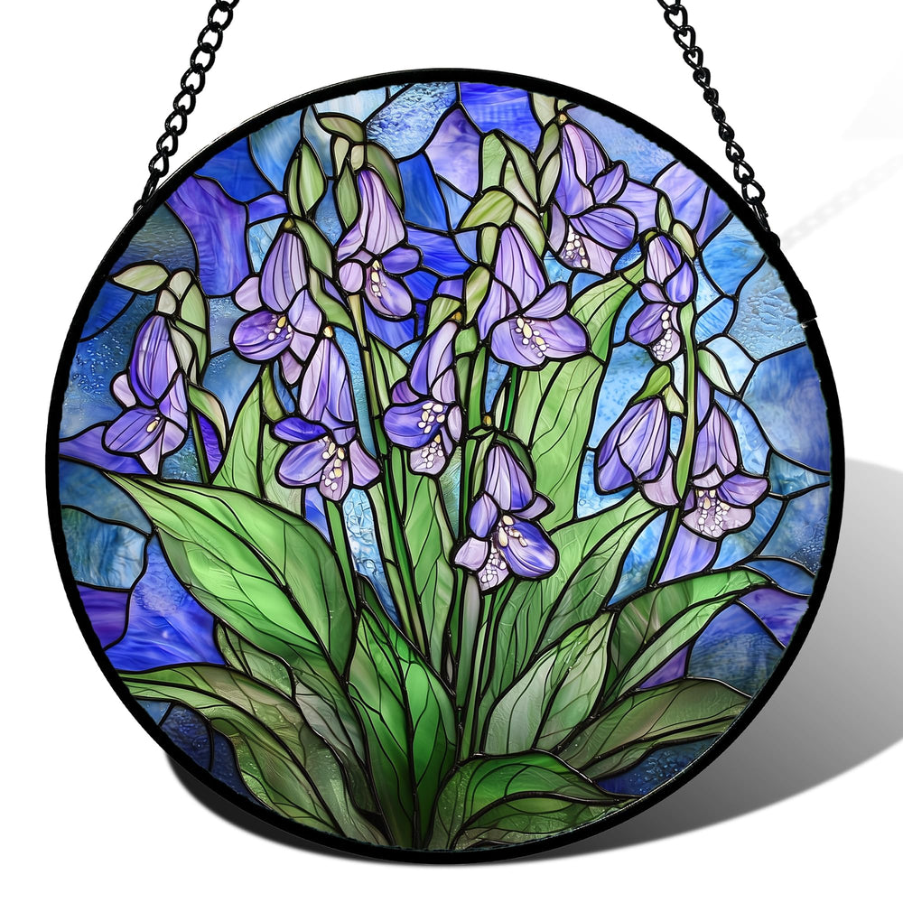 AMDERVEN Stained Glass Suncatcher front view with vibrant blue and purple flower design