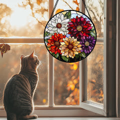 AMDERVEN stained glass suncatcher with vibrant purple, orange, white colors