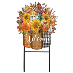 Amyhill Fall Garden Stake front view with pumpkin and sunflower design