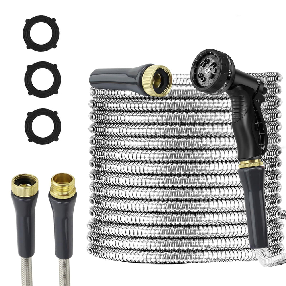 AnyEasy 50ft stainless steel garden hose with nozzle front view