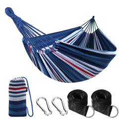 ANYOO Cotton Camping Hammock in blue and white stripe pattern