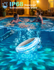 APONUO Solar Pool Lights floating in a pool at night