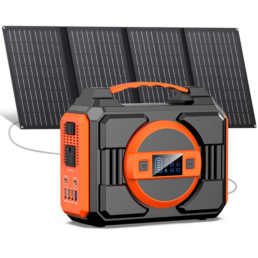 Apowking 300W Portable Solar Generator front view with solar panel