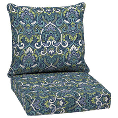 Arden Selections Outdoor Deep Seat Cushion Set front view, Sapphire Aurora Blue Damask