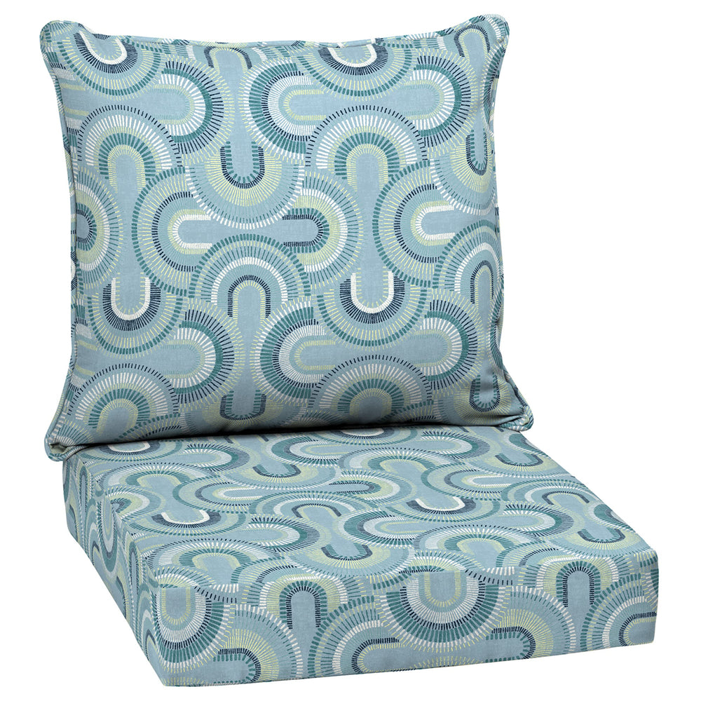 Arden Selections Outdoor Deep Seat Cushion Set front view showing Coastal Blue Geometric pattern