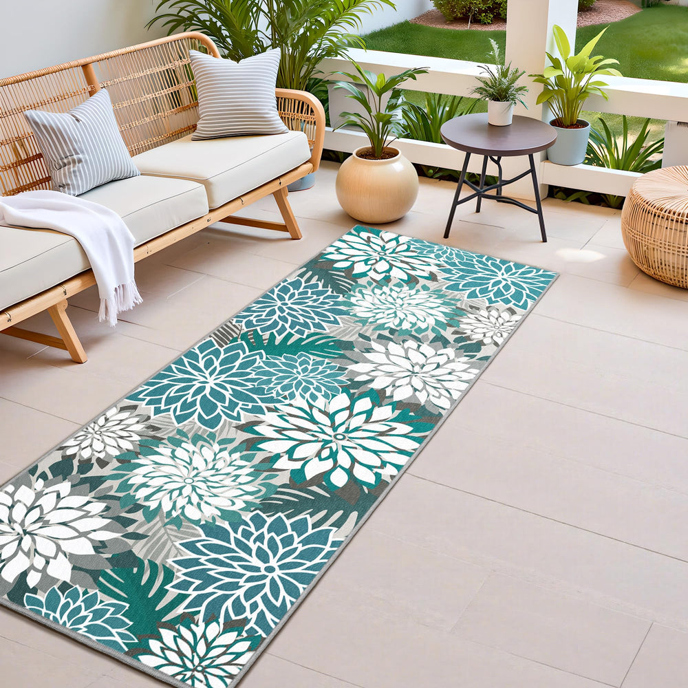 Arenarug Outdoor Rug 2x6 teal floral pattern front view