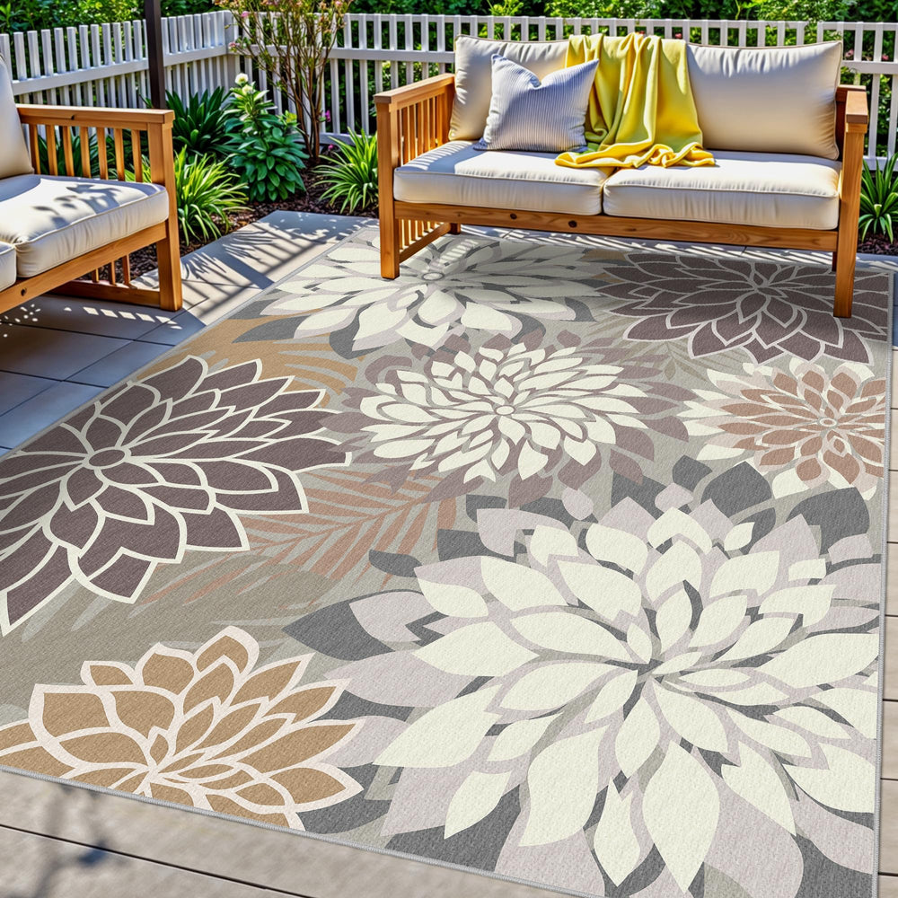 Arenarug Outdoor Rug 3' x 5' in taupe with floral pattern front view