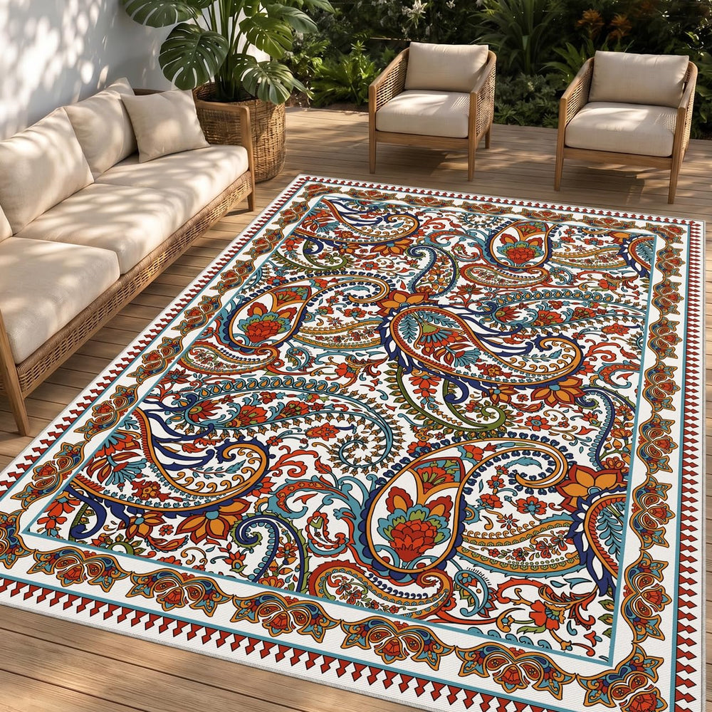 Arenarug Paisley Waterproof Outdoor Rug 5x8 in White Multi front view