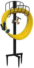 Artigarden Freestanding Garden Hose Holder front view with brass faucet