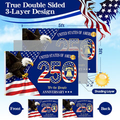 Artistic details of TIFFYONEK 250th Anniversary Flag with navy blue and gold accents
