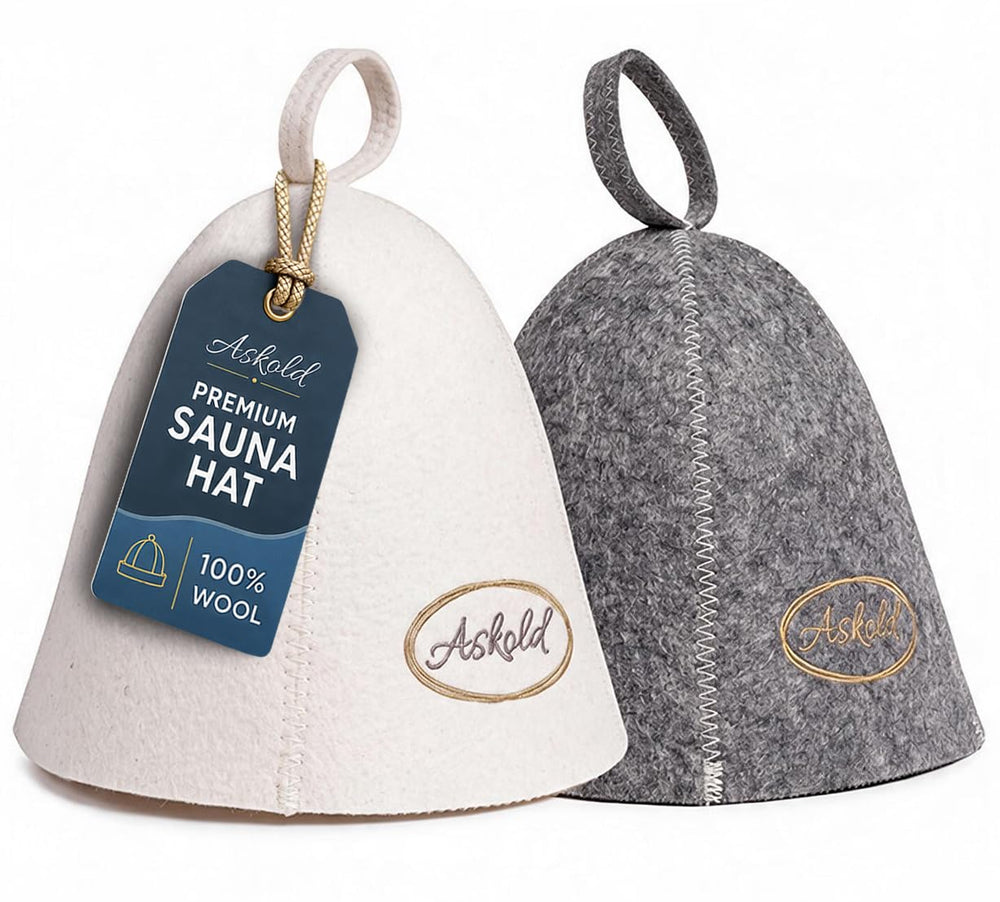 ASKOLD wool sauna hat in white-grey, front view