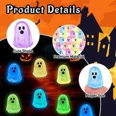 Assorted colours of Feivando Halloween ghost figures on a tabletop