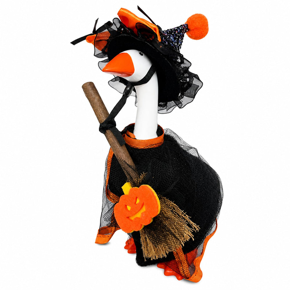 Aurexan 7 Inch Desk Goose Wizard Outfit front view with broom