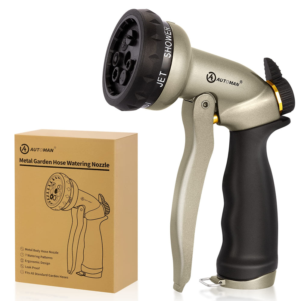 AUTOMAN Garden Hose Nozzle front view with 7 spray patterns