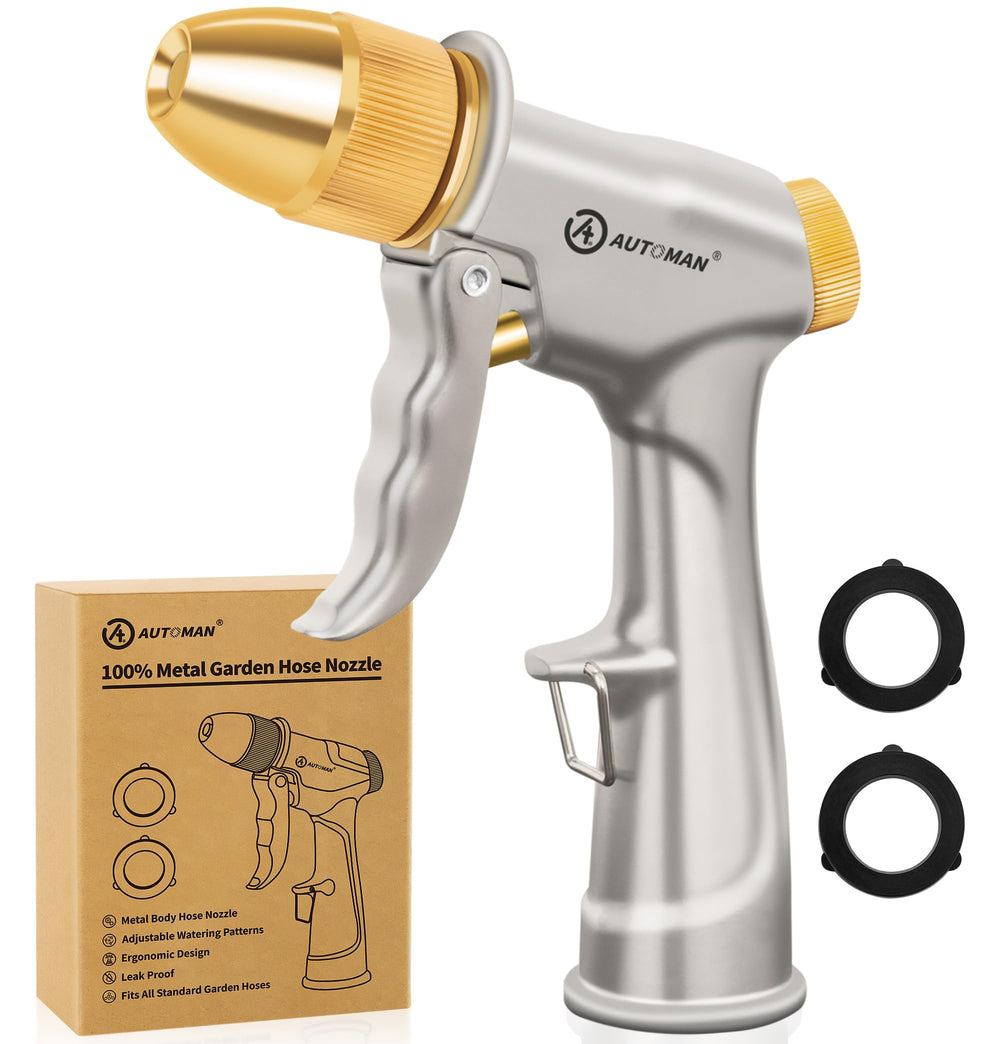 AUTOMAN Garden Hose Nozzle Sprayer front view with metal construction