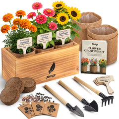 AVERGO Flower Seeds Growing Kit with rustic burlap planters and wood box