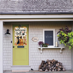 AVOIN colorlife Welcome Fall Dog House Flag displayed on a garden pole