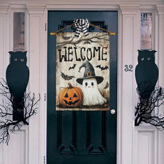 AVOIN colorlife Welcome Halloween flag hanging on a standard flagpole