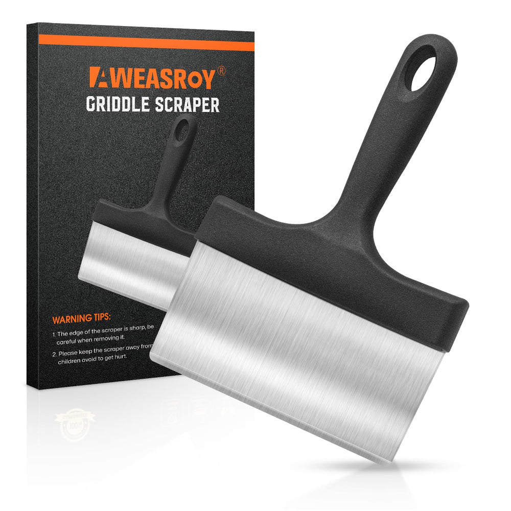 AWEASROY Heavy Duty Griddle Scraper front view with stainless steel blade