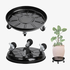 AyaLight 12-inch black metal plant caddy front view with wheels
