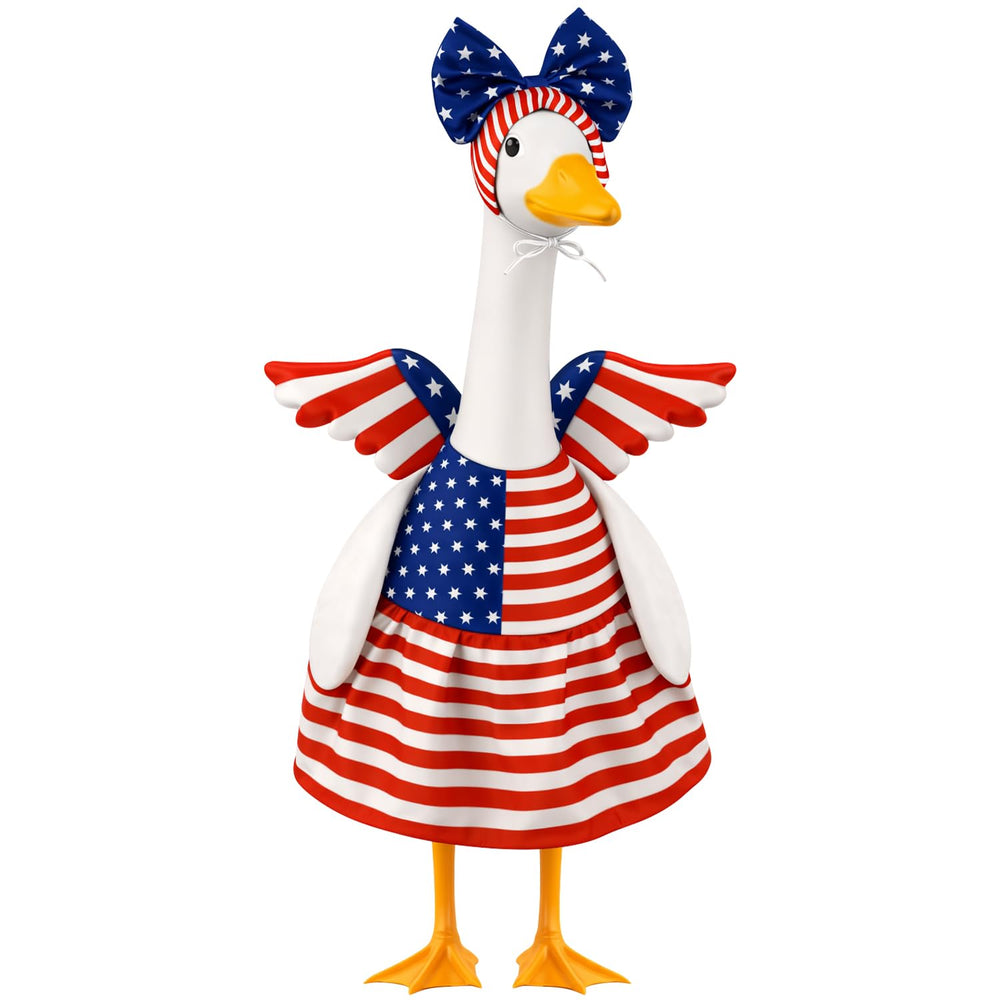 Aymolas 4th of July goose outfit front view with winged dress and headband