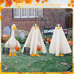 Aymolas Halloween Goose Costume displayed on a porch with Halloween decorations