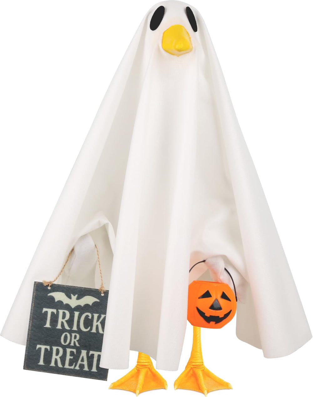 Aymolas Halloween Goose Costume front view with spooky cloak and pumpkin
