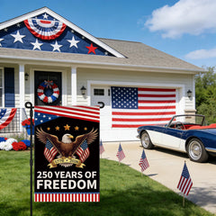 Aymolas USA Garden Flag displayed in a garden setting