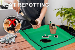 Azureblue plant repotting mat in use with potting soil