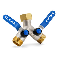 BACASIN Brass Garden Hose Splitter front view with stainless steel handles