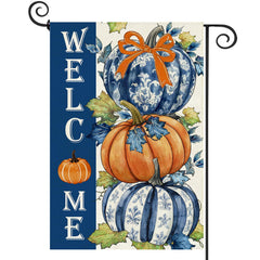 Baccessor Fall Pumpkin Garden Flag front view showcasing blue and white design