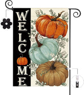 Baccessor Fall Pumpkins Garden Flag front view with autumn leaves